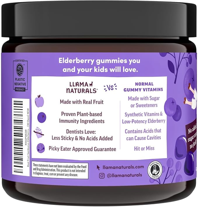 Llama Naturals Elderberry Gummies for Kids, Vegan, Organic Immune Support Supplement with Vitamin C and Zinc, Toddler Real Fruit Gummy Vitamins for Immunity, Chewable, No Added Sugar Cane, 120 Ct