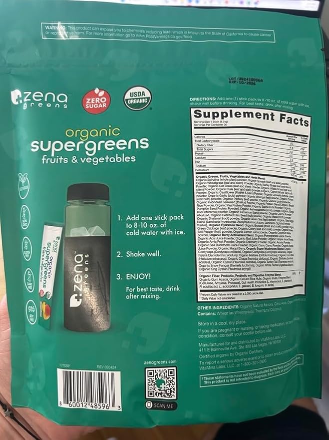 Zena Nutrition Organic Super Greens Powder, 70+ Superfoods, 0 Sugar, 3G Fiber, Spirulina, Chlorella, Antioxidants, Prebiotics/Probiotics, Digestive Enzymes, Mango, 30 Drink Mix Packets