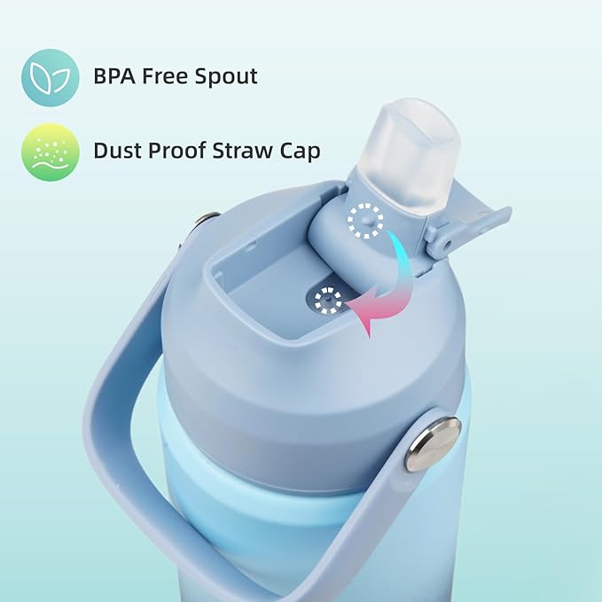 Insulated Water Bottle with Straw Lid,32 oz Stainless Steel Vacuum Metal Bottle with Silicone Handle, Sky