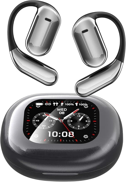 Open Ear Earbuds Intelligent Touch Screen Ultra Comfort Bluetooth 5.4 Headphones Over The Ear Earphones with Ear Hooks IPX7 Waterproof Bone Conduction Earbuds for Running Fitness Sport Workouts,Grey3