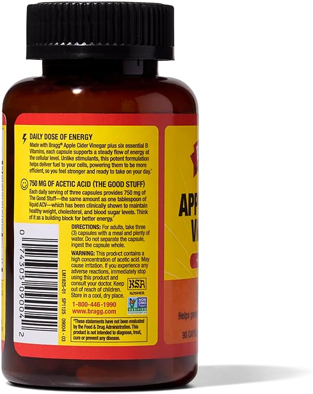 Bragg Energy Apple Cider Vinegar Capsules with B-12 Vitamins - 90 Capsules (2 Pack) – Weight Management - Non-GMO, Vegan, Gluten Free - Helps Generate Energy at Cellular Level for Men and Women