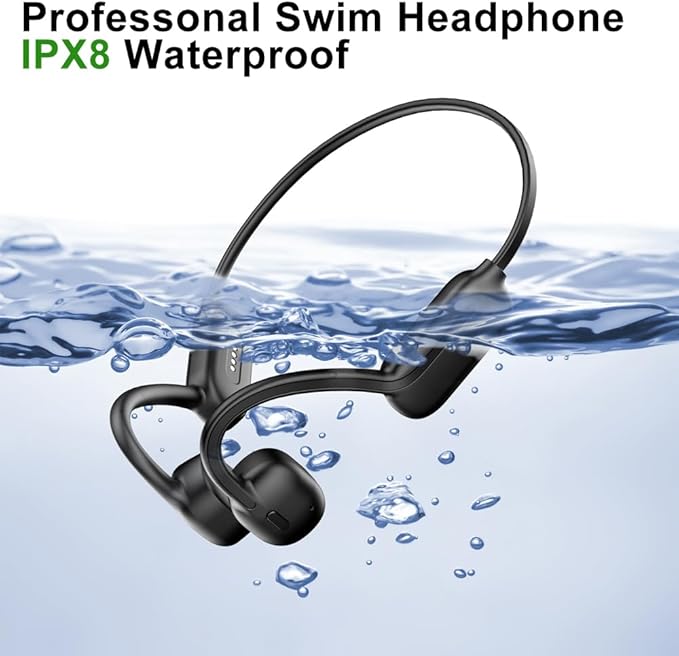 IHAO Swimming Headphones True Bone Conduction Open Ear Headset MP3 Player Built-in 32G Memory IP68 Underwater Waterproof Stereo Bluetooth Earphone for Driving Bicycling Running Skiing-Black