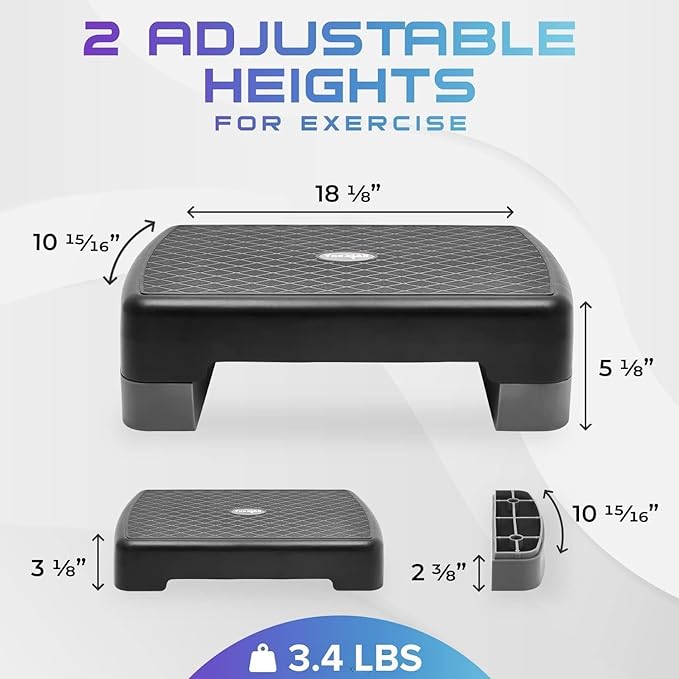 Yes4All 18.1" Aerobic Exercise Step Platform with 2 Risers, Adjustable Height Workout Stepper 3" 5.1" for Home Gym Step Up Exercise & Balance Training, Mulltiple Colors