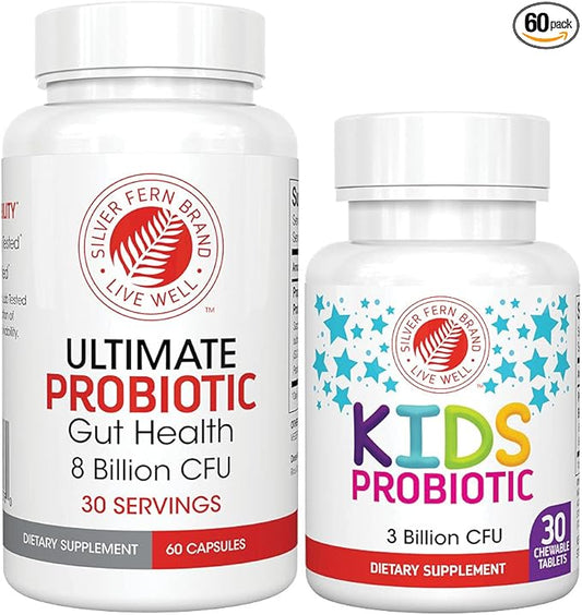 Silver Fern Brand Family Probiotics - Ultimate Adult Probiotic (1 Bottle = 60 Capsules) Plus Ultimate Children's Probiotic for Kids (1 Bottle = 30 Chewables) - Gut Health & Microbiome Support