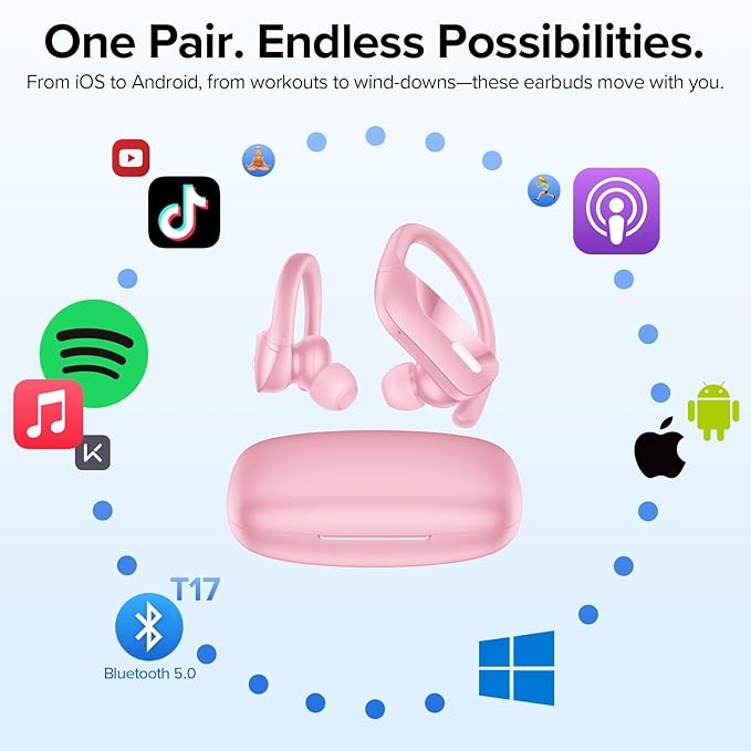 Wireless Sport Earbuds Bluetooth Headphones with Mic 80H Playtime IPX5 Waterproof Ear Buds Deep Bass Earphones Over Ear Headset for Running Gym Workout - Pink