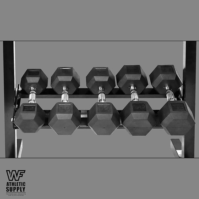 WF Athletic Supply Rubber Coated Hex Dumbbell Set with Two Tier Premium Storage Rack Built for Strength Building, Weight Loss & Home Gym ??Multiple Sets Available