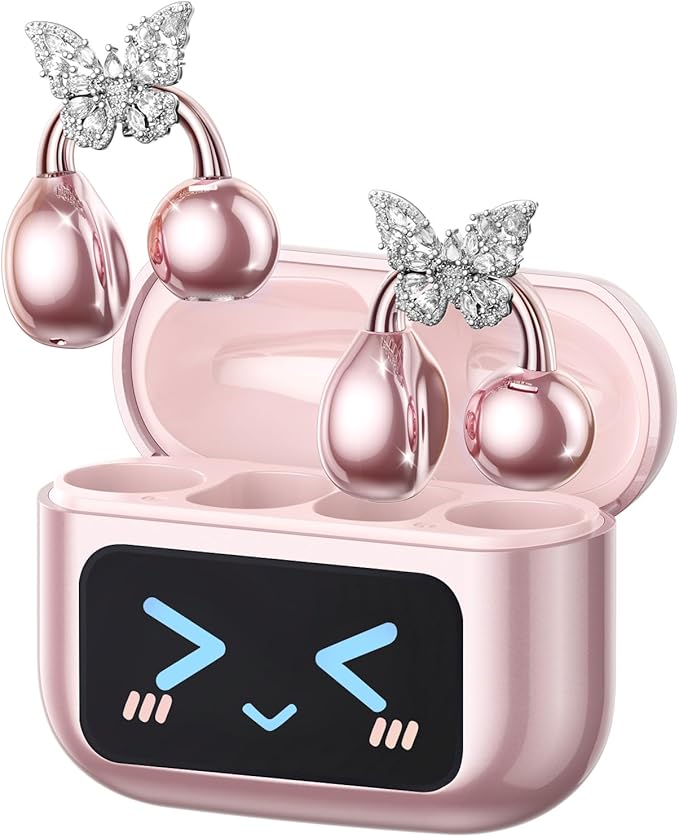 PAXA Stylish Open Ear Clip On Earbuds with Removable Butterfly Earring, Clip On Headphones with LCD Touch Screen, Fashionables Open Ear Headphones for Women, Butterfly Earring Rose Gold Earbuds