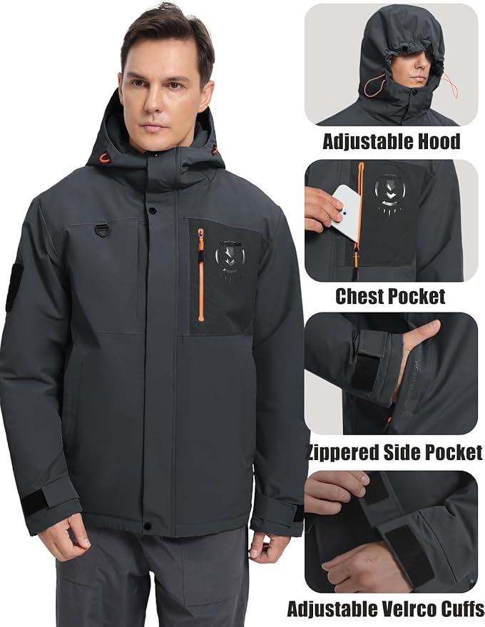 Men's Winter Jacket Waterproof Ski Snow Coat Windproof Snowboard Hooded Raincoats with Warm Graphene lining