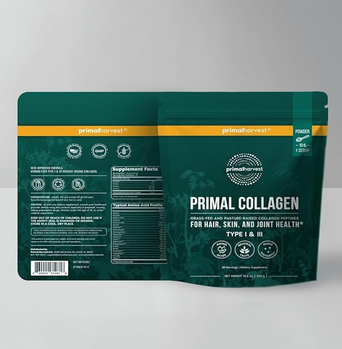 Primal Harvest Collagen Powder for Women or Men Primal Collagen Peptides Powder Type I & III, 10 Oz Collagen Protein Powder for Hair, Skin, Nails (Single, Original)
