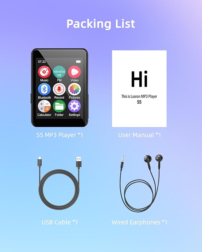 64GB Music Player with Bluetooth 5.3, 2.4" Portable MP3 Player with Speaker, FM Radio, Voice Recorder, E-Book, Full Touch Screen, Supports up to 256GB (Earphones Included)