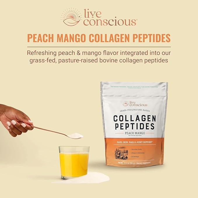 Live Conscious Collagen Peptides Powder - Peach Mango Flavored Collagen Powder - Hair, Skin, Nail, & Joint Support - Type I & III Grass-Fed Collagen Supplements for Women and Men (2-Pack)