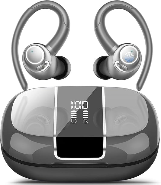 Wireless Earbuds Bluetooth 5.3 Headphones Sports, 48Hrs Playtime Bluetooth Earbuds with CVC 8.0 Mic, Stereo Bass Over Ear Bud with Earhooks, LED Display, IP7 Waterproof Earphon for Running Gray