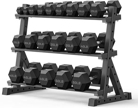 PAPABABE Hex Dumbbell Set with Rack, Rubber Encased Free Weight with Weight Storage Racks, Multiple Weight Options for Home Gym and Fitness