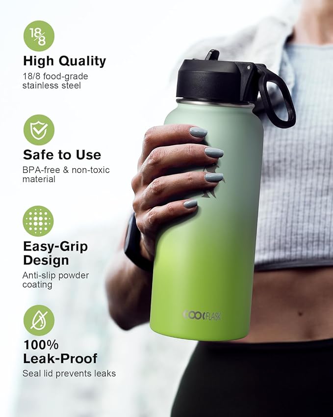 Water Bottle 32 oz Insulated with Straw, Coolflask Stainless Steel Metal 3 Lids Water Flask Wide Mouth for Sports or Office, Non-BPA Keep Cold Up to 48 Hrs or Hot Up to 24 Hrs, Ombre Green