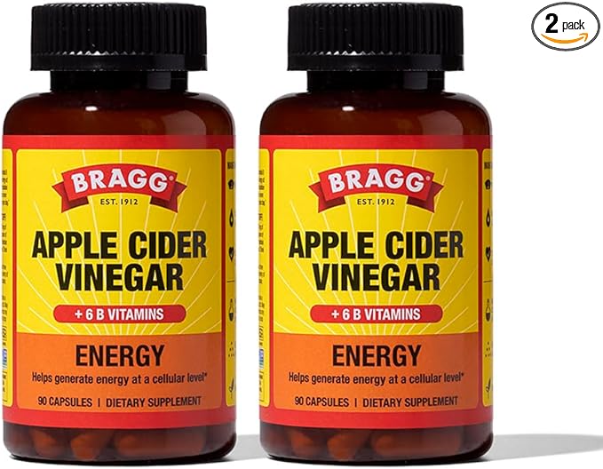 Bragg Energy Apple Cider Vinegar Capsules with B-12 Vitamins - 90 Capsules (2 Pack) – Weight Management - Non-GMO, Vegan, Gluten Free - Helps Generate Energy at Cellular Level for Men and Women