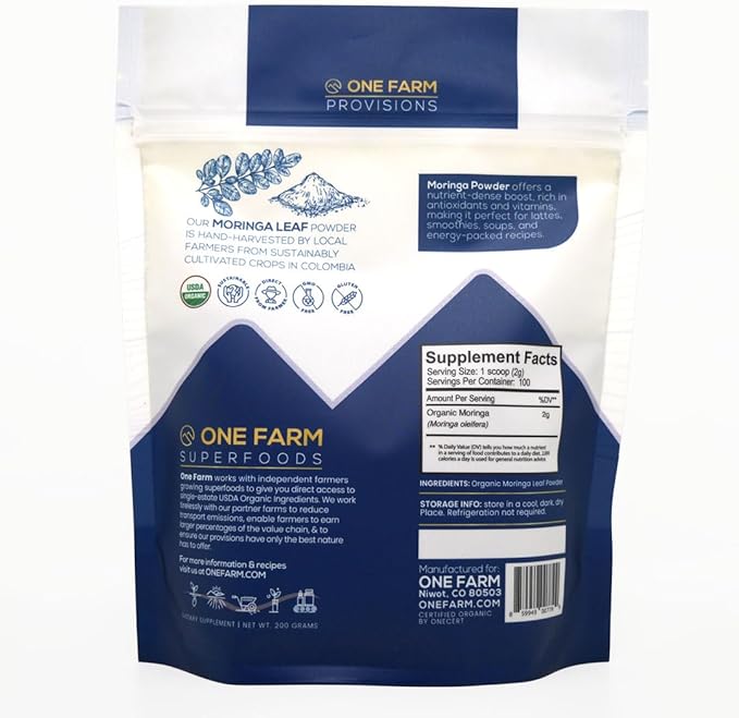 Organic Moringa Powder, Single Estate, Freshly Ground Colombian Moringa, USDA Organic, Non-GMO, Gluten Free in a Resealable Pouch for Smoothies, Lattes, Cooking, 7 oz (200 g), 100 Servings