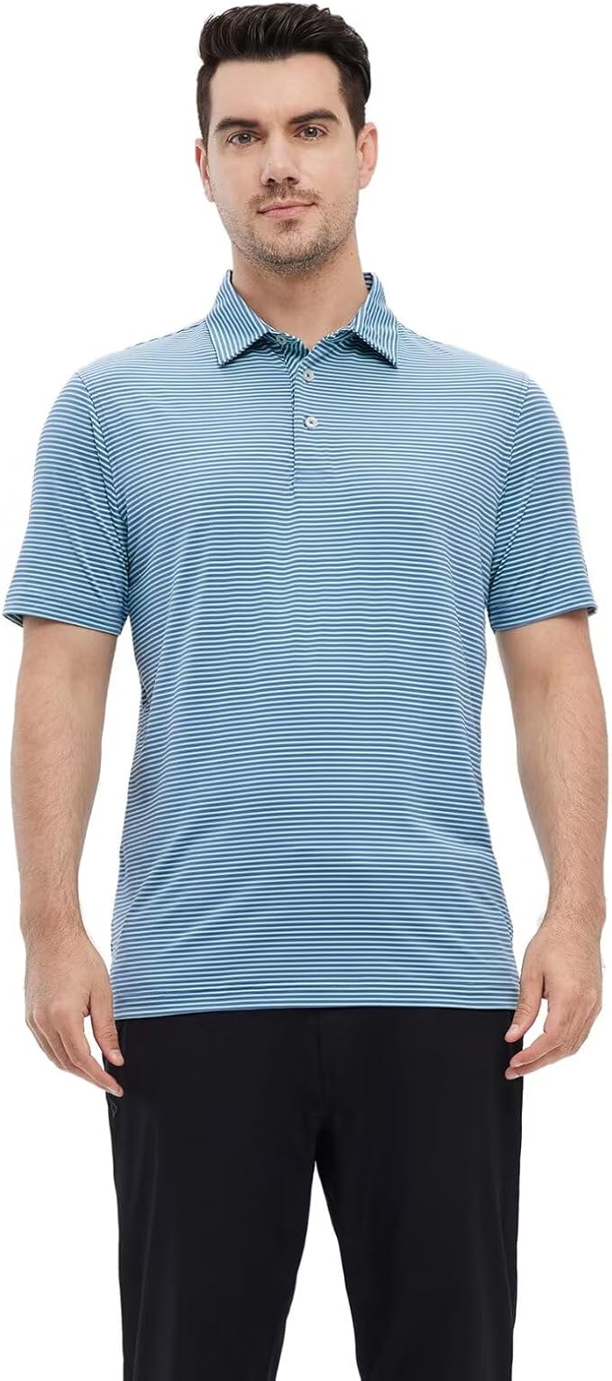 Mens Golf Shirt Moisture Wicking Dry Fit Performance Sport Short Sleeve Striped Golf Polo Shirts for Men