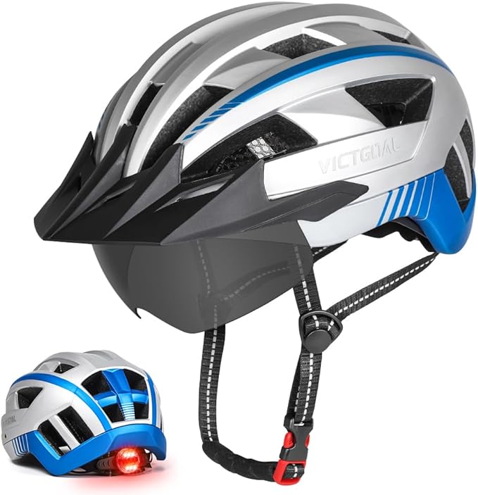 VICTGOAL Bike Helmet for Men Women with Led Light Detachable Magnetic Goggles Removable Sun Visor Mountain & Road Bicycle Helmets Adjustable Size Adult Cycling Helmets