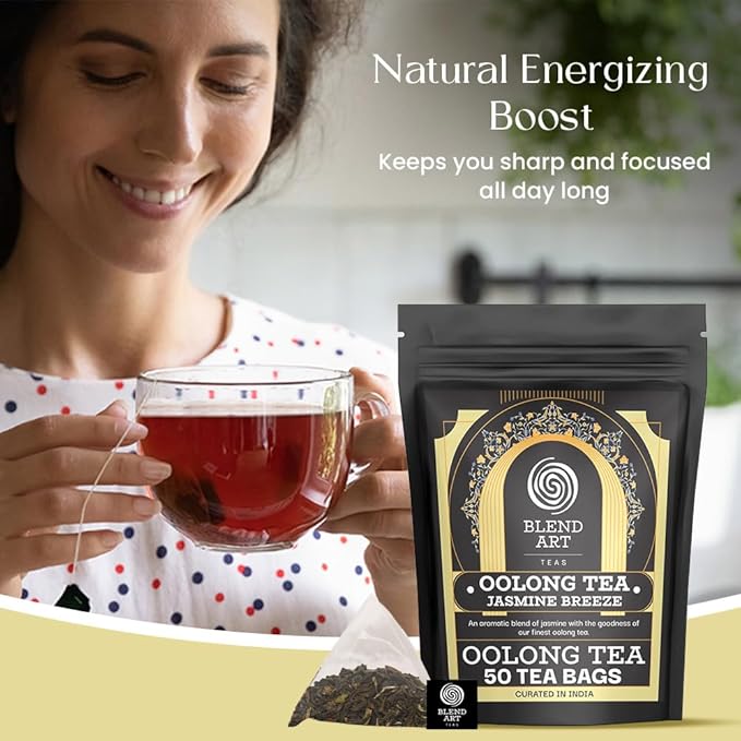 Blendart Jasmine Oolong Tea bags 50 Count | Oolong tea bags for weight loss | Premium High Mountain Oolong Tea leaves | Naturally Caffeinated Tea | Flower Scented Tea | Pyramid Tea bags