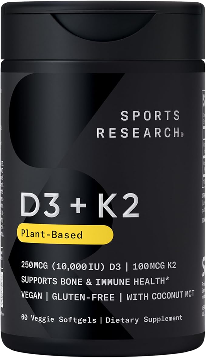 Sports Research® Vegan D3 10,000iu with Vitamin K2 100mg - Formulated with Coconut MCT Oil - Vegan Certified, Soy & Gluten Free - 60 Softgels