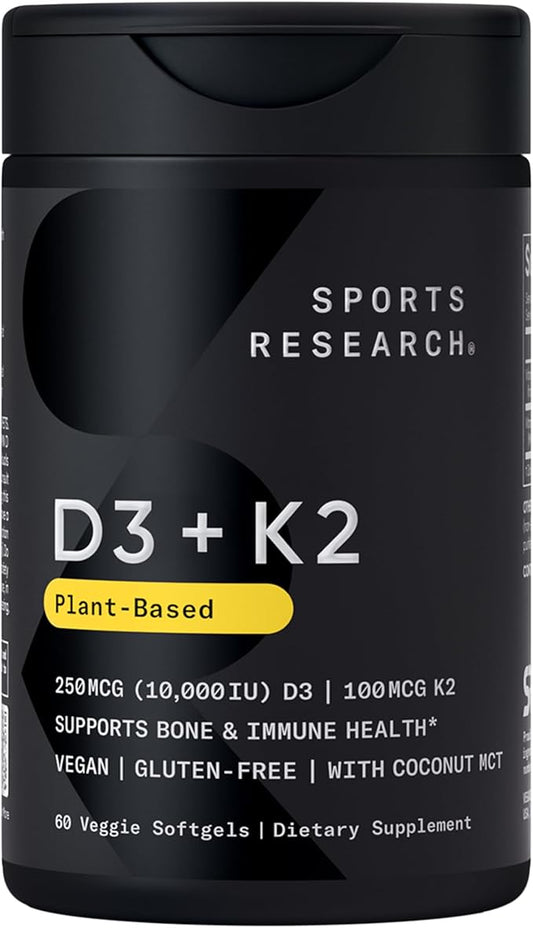 Sports Research® Vegan D3 10,000iu with Vitamin K2 100mg - Formulated with Coconut MCT Oil - Vegan Certified, Soy & Gluten Free - 60 Softgels