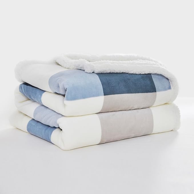PU MEI Sherpa Fleece Throw Blanket 80" x 90" Full/Queen Reversible Plush Fluffy Extra Large Big Blanket Lattice Flannel Blankets for Sofa Couch Bed (Grey-Soft Blue, 80"*90")