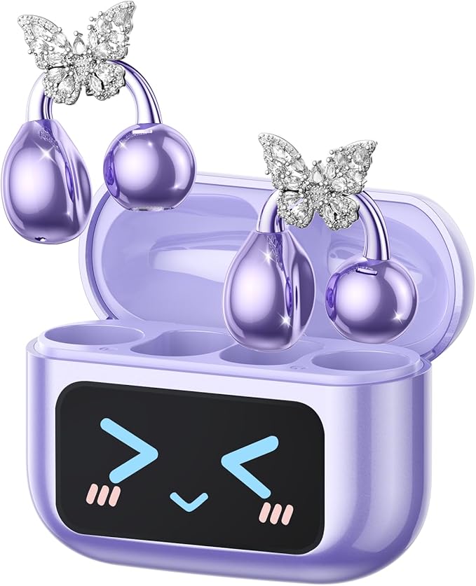 Stylish Open Ear Clip On Earbuds with Removable Butterfly Earring, Clip On Headphones with LCD Touch Screen, Fashionables Open Ear Headphones for Women, Butterfly Earring Purple Earbuds