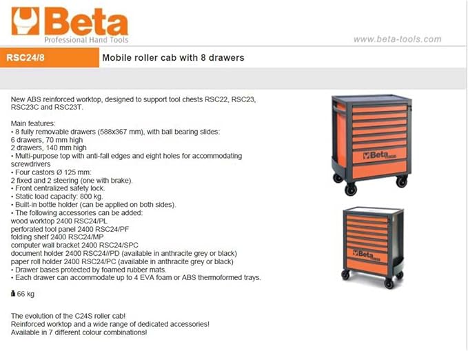 Beta RSC24 Heavy Duty Rolling Tool Cabinet, 8 Drawers, Orange, Ball Bearing Slides, Rubber Mat Liners, 5" Casters, Anti-Fall Edge Worktop, 1760 lbs Load Capacity, Made in Italy