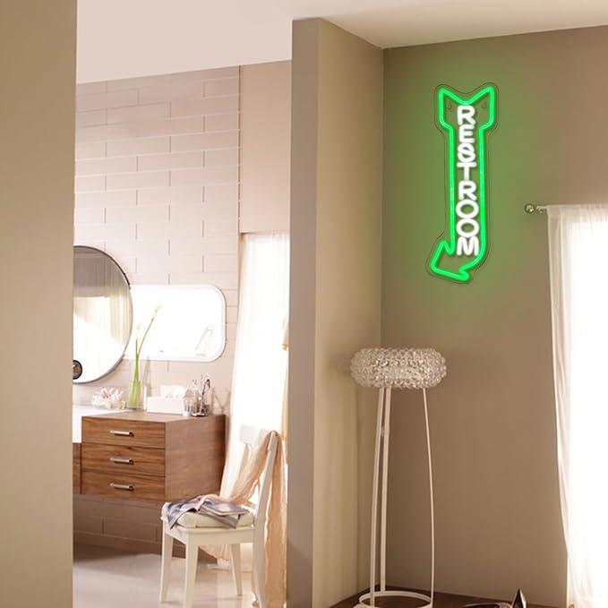 Restroom Neon Sign for Wall Decor Toilet Neon Light Arrow Led Neon Lights White Green Led Neon Signs for Hotel Bar Hospital Mall Store Office Decoration(16.9”*6.3”)