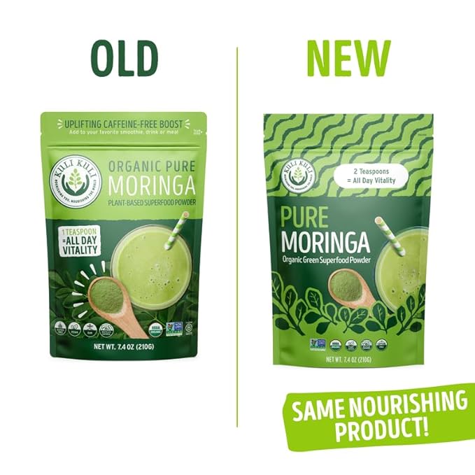 Kuli Kuli Moringa Oleifera Organic Leaf Powder & Green Smoothie, 100% Pure USDA Certified & Non-GMO Moringa Powder, Great with Smoothies, Tea, and Food, 2 Pack