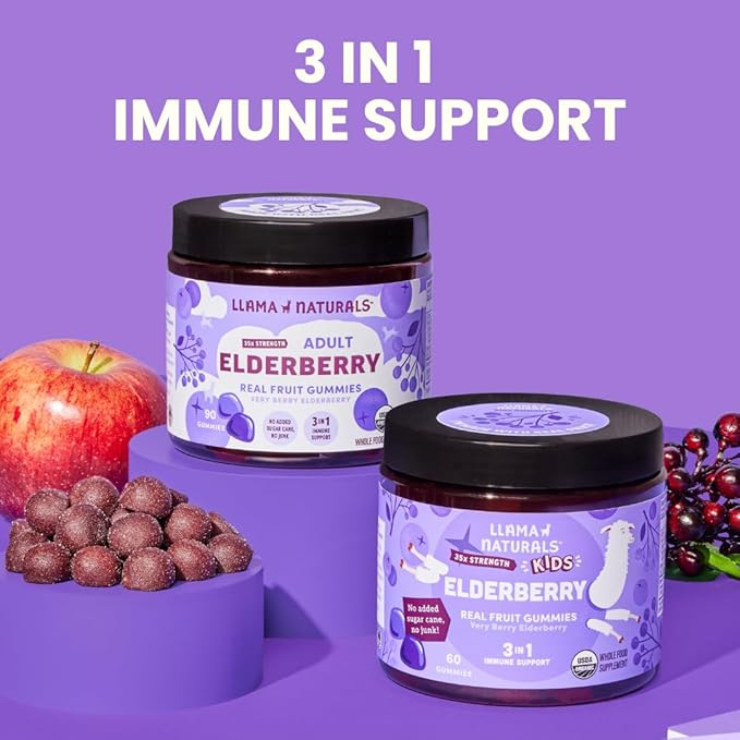 Llama Naturals Elderberry Gummies for Kids, Vegan, Organic Immune Support Supplement with Vitamin C and Zinc, Toddler Real Fruit Gummy Vitamins for Immunity, Chewable, No Added Sugar Cane, 60 Ct