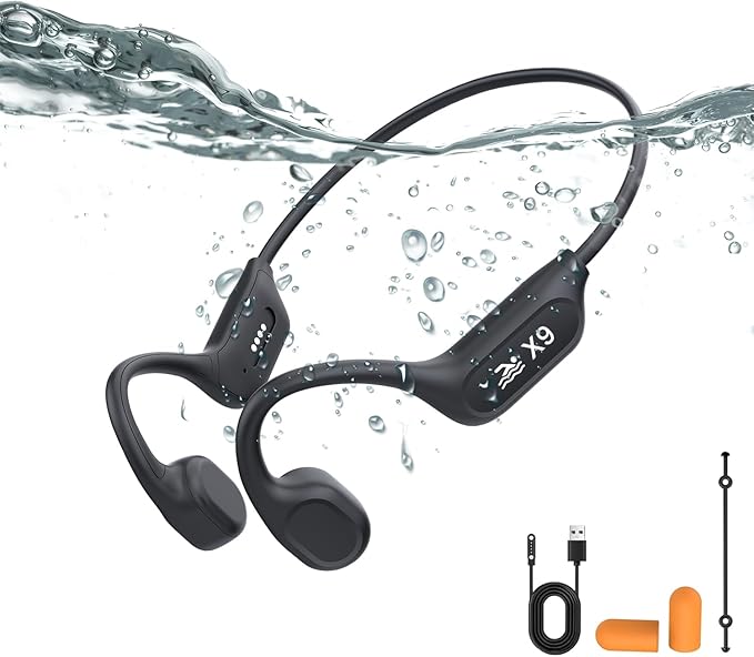 Swimming Headphones-Bone Conduction Headphones Bluetooth V6.0 Open Ear Sports Headset, IP68 Waterproof Built-in MP3 Player 32G Memory, for Running, Cycling (Black)
