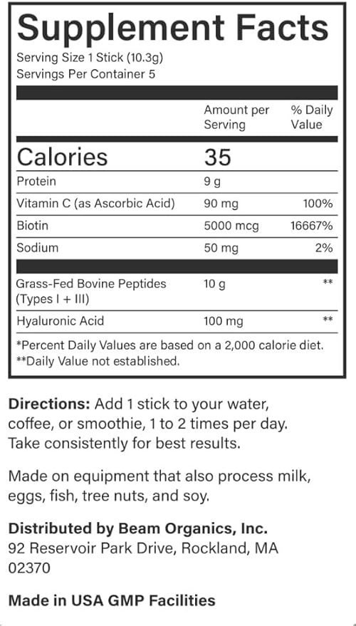 Beam Collagen Powder, Collagen for Women, Collagen with Hyaluronic Acid, Collagen Peptides Type 1 and 3, with Biotin, Grass Fed Bovine, Third-Party Tested, Best for Coffee, Vitamin C, 5 Servings