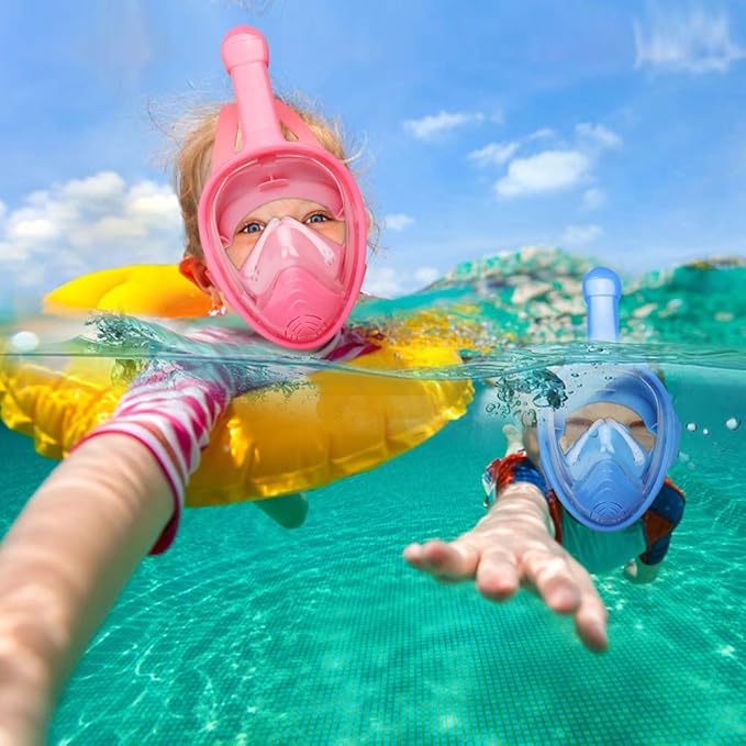 QingSong Kids Snorkel Mask Full Face, Snorkeling Set with Camera Mount, Foldable 180 Degree Panoramic View Snorkeling Gear Anti-Fog Anti-Leak
