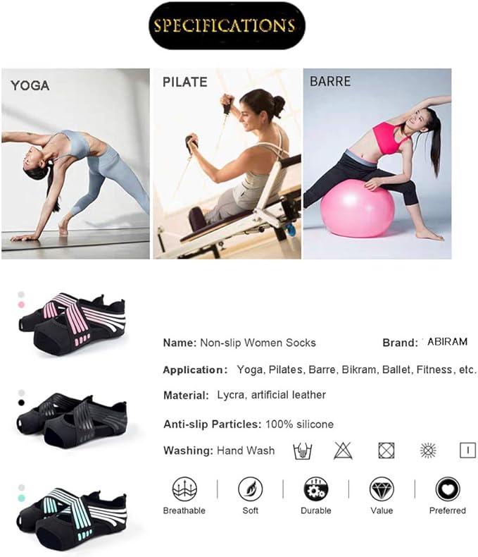 ABIRAM Yoga Socks Toeless Non-Slip Grips & Straps, for Pilates, Barre, Ballet, Bikram, Workout for Women