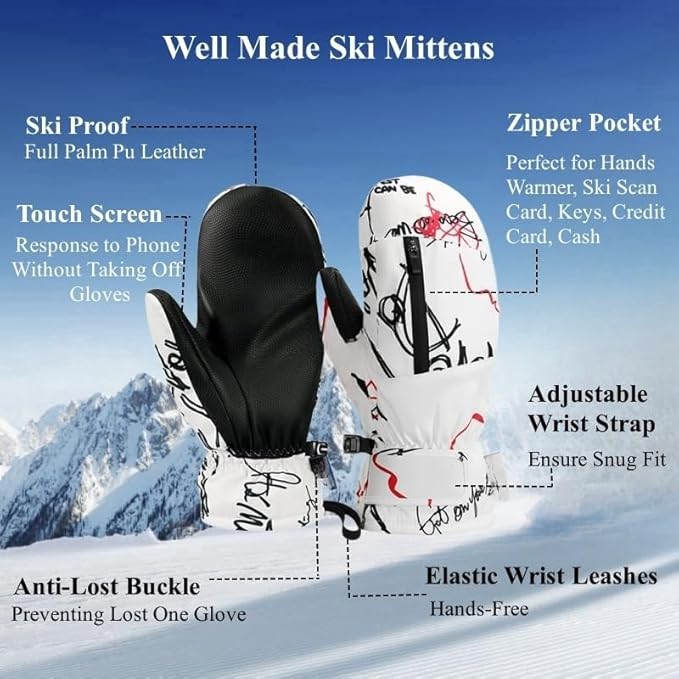 Waterproof Ski Mittens Ski Glove for Women Men Youth Winter Cold Weather Snow Gloves with Hands Warmer Zipper Pocket