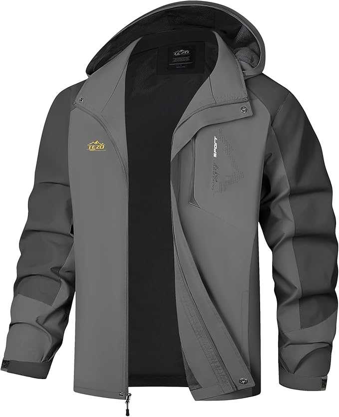 TEZO Mens Rain Jacket Waterproof with Hooded Hiking Coat Lightweight Windbreaker