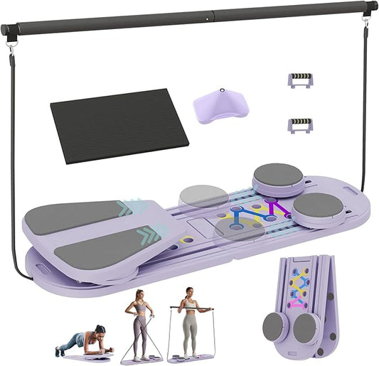 Pilates Board, 6 in 1 Pilates Reformer Set, Foldable Pilates Reformer Machine with Resistance Bands & Ab Trainer for Home Workout, Portable Pilates Board for Women