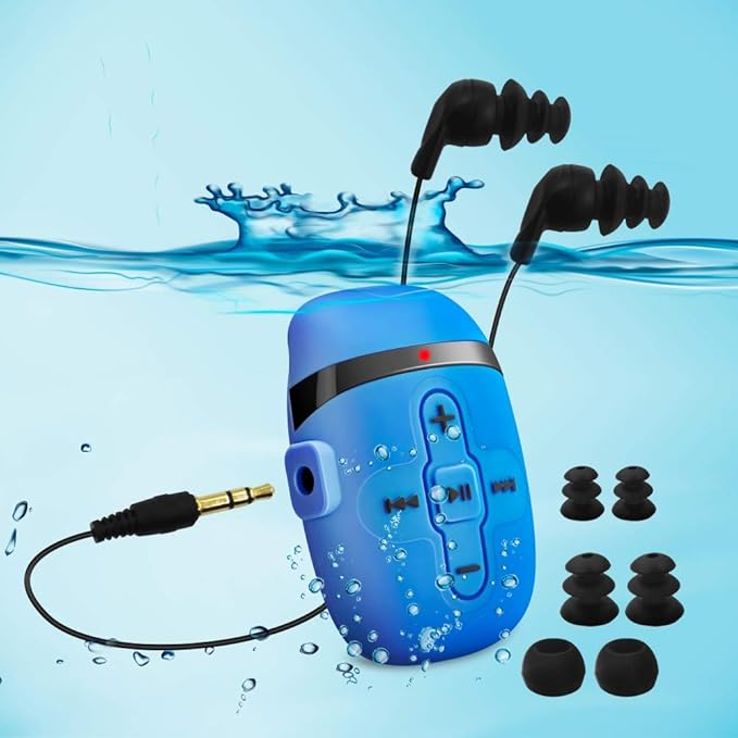 Waterproof MP3 Player for Swimming, Underwater Headphones with Short Cord, MP3 Waterproof Swimming Underwater 3 Meter, Shuffle Feature