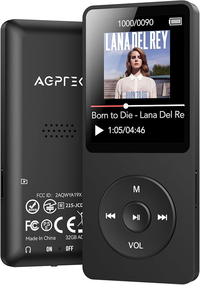 AGPTEK A02 MP3 Player with Bluetooth 5.3, 1.8 inch Screen Portable Music Player with Speaker, FM Radio, Voice Recorder, Supports Expanded Up to 128GB(Black, 32GB)