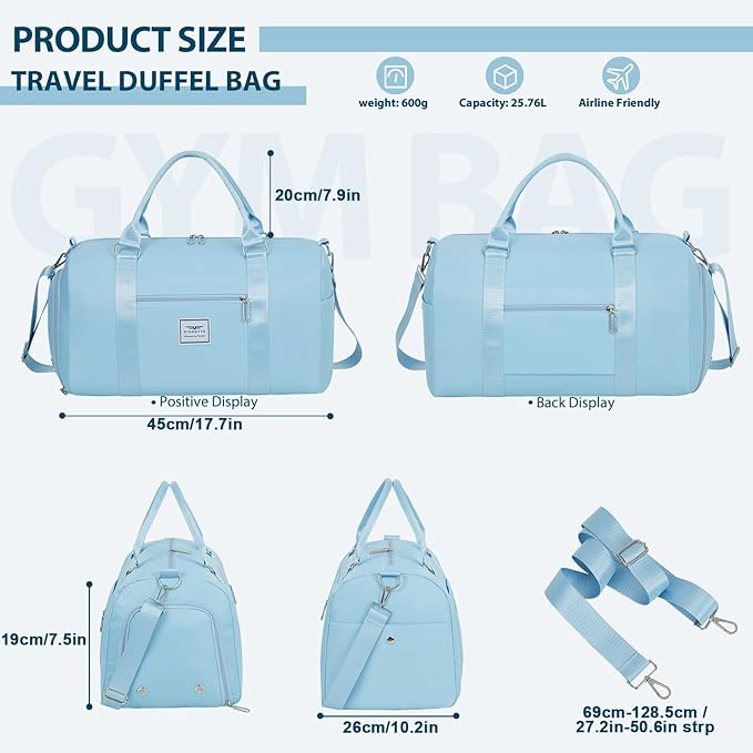 FIORETTO Womens Gym Tote Duffle Bag with Wet Pocket & Shoe Compartment, Sports Duffel Overnight Weekender Hospital Workout Carry on Bag for Girls, Ideal for Travel, Swimming, Dance, Ballet Light Blue