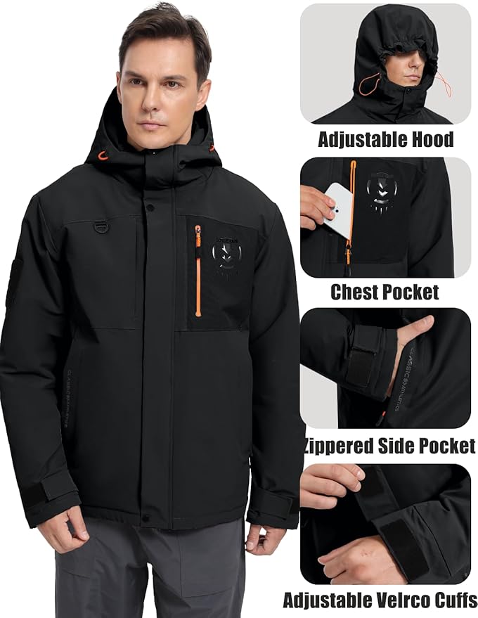 Men's Winter Jacket Waterproof Ski Snow Coat Windproof Snowboard Hooded Raincoats with Warm Graphene lining