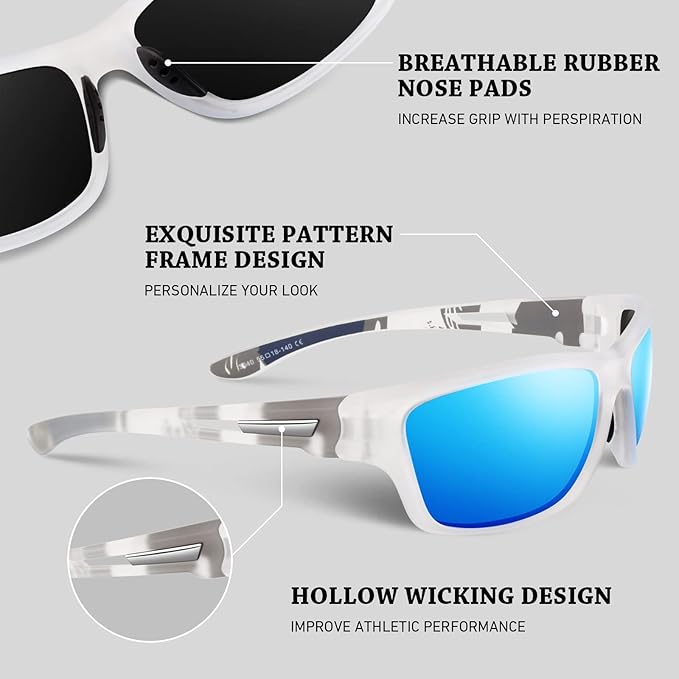 Polarized Sports Sunglasses for Men Women,Fishing Driving Rectangular Goggles UV400 Protection