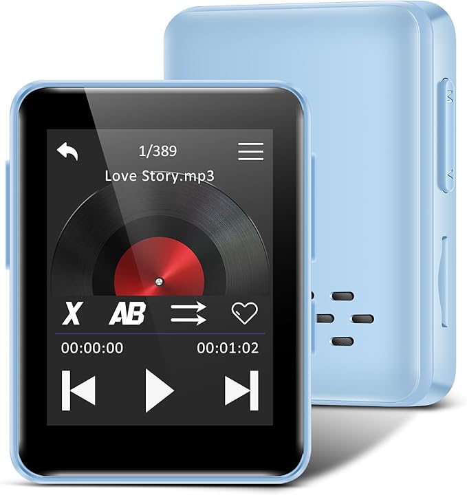 32GB MP3 Player for Kids, 1.8 inch Portable Small Music Bluetooth MP3 Player with Speaker, FM Radio, Voice Recorder, Alarm Clock, Stopwatch, Up to 512GB(Blue)