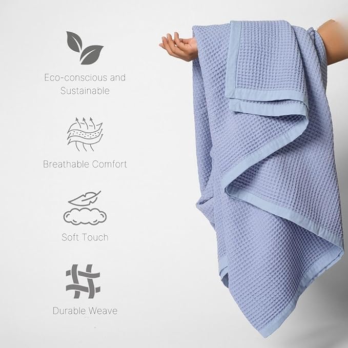GOTS Certified Organic Cotton Waffle Weave Blanket, Throw Bed Size, 50"X60"Cozy Throw Blanket for Couch, Modern Home Decor, Throw Blankets, Waffle Blanket, Soft Bed Blankets - Powder Blue
