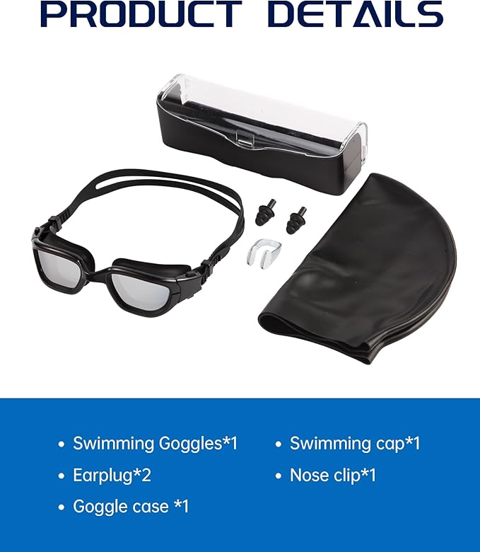 Swim Goggles, Goggles Adult with Swimming Cap, Nose Clip & Ear Plugs, UV Protection Anti-Fog Lens and Case for Adult