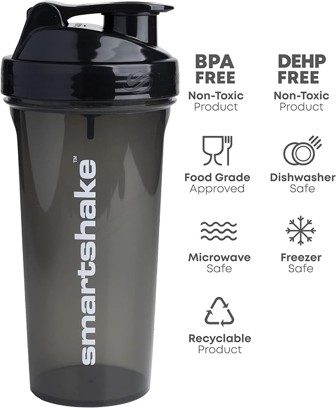 Smartshake Lite 4-Pack Protein Shaker Bottle 800 ml | 27 oz - Leakproof Screw-on Lid - BPA Free – Unisex - Mist Gray, Army Green, Black, Navy Blue