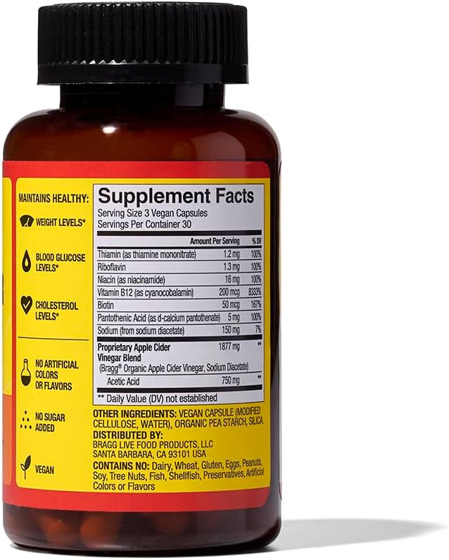 Bragg Energy Apple Cider Vinegar Capsules with B-12 Vitamins - 90 Capsules (2 Pack) – Weight Management - Non-GMO, Vegan, Gluten Free - Helps Generate Energy at Cellular Level for Men and Women