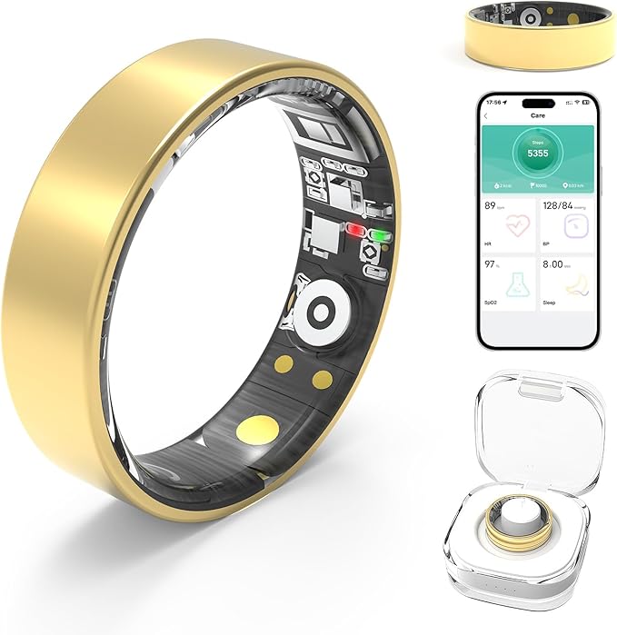Smart Rings for Women Men,Fitness Tracker Ring,Heart Rate,Blood Oxygen,Blood Pressure,Step Tracker,Sleep Monitoring,No Subscription Fee,IP68 Waterproof Smart Ring for iPhone&Android(Gold 8)
