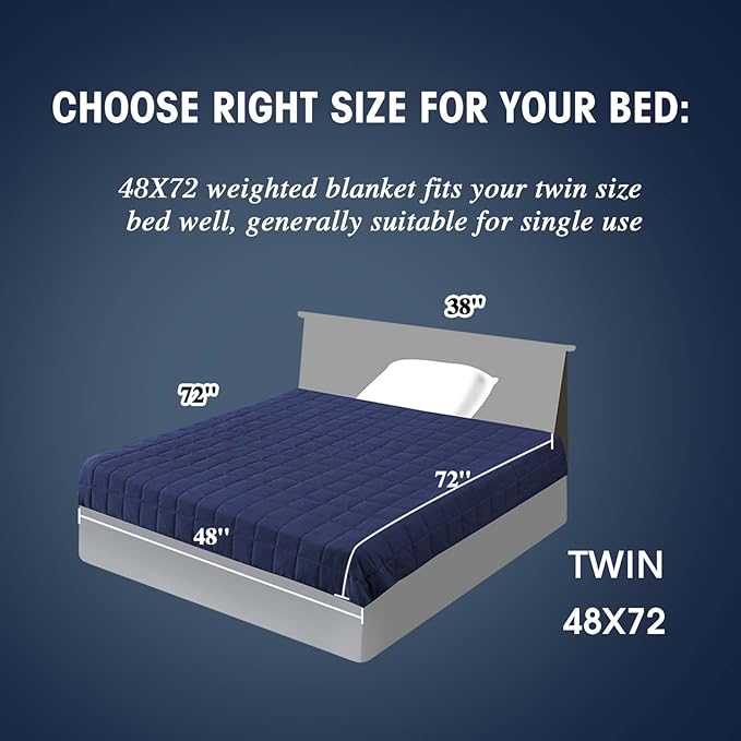 yescool Weighted Blanket for Adults (12 lbs, 48" x 72", Blue) Cooling Heavy Blanket for Sleeping Perfect for 110-130 lbs, Twin Size Breathable Blanket with Premium Glass Bead, Machine Washable